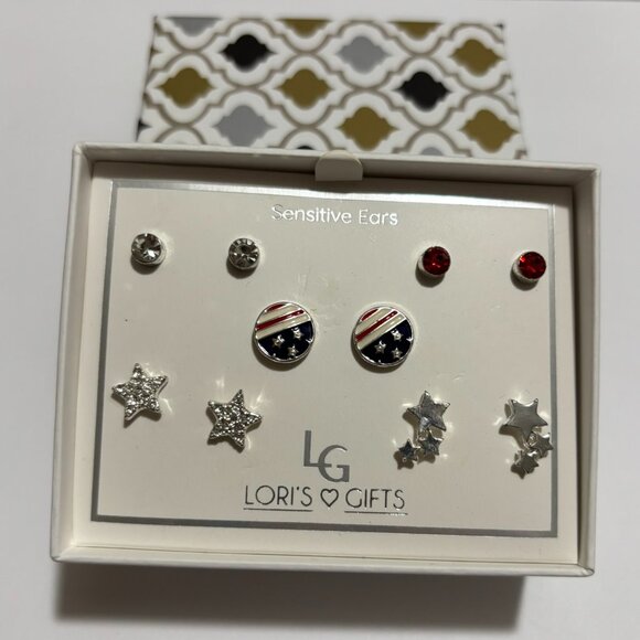 6 pair Loris Gifts Silver Patriotic Sensitive Ear Stud Earrings Set in Gift Box - Picture 1 of 2